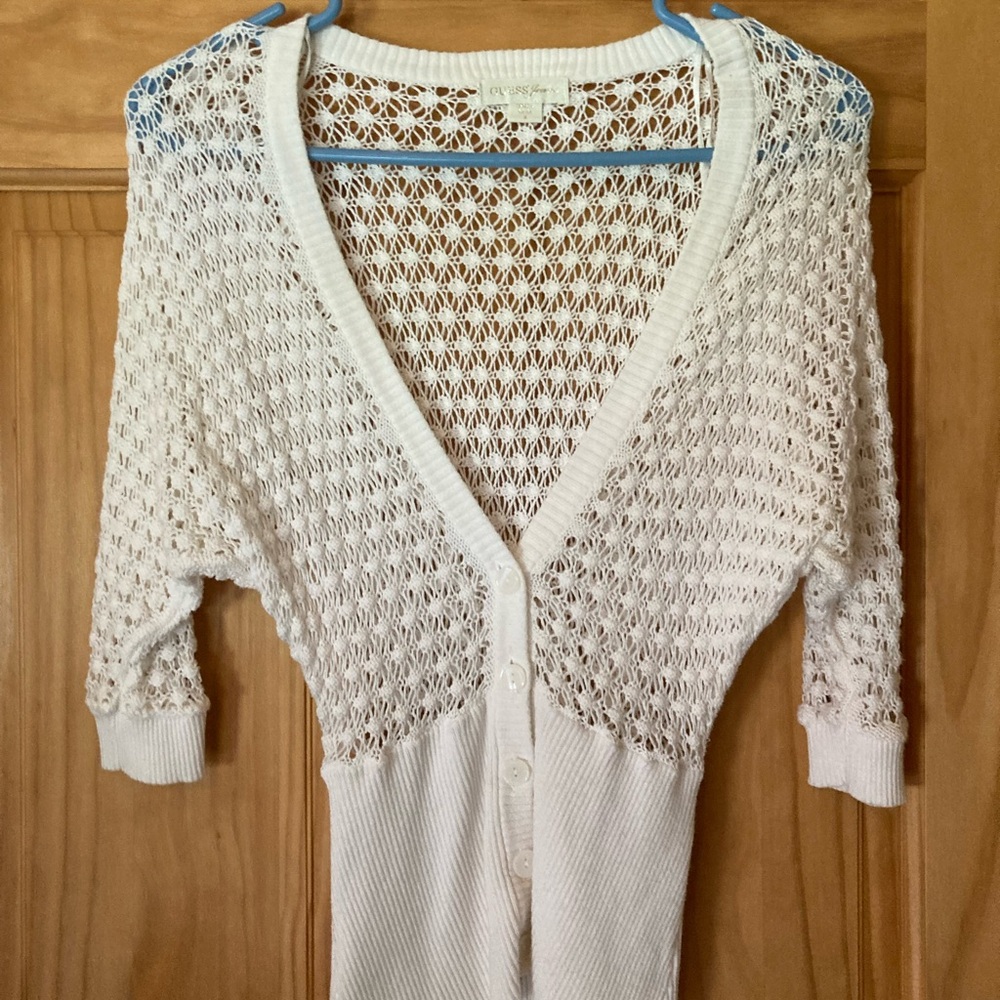 Guess Jeans White 3/4 Sleeve lace V-Neck button sweater